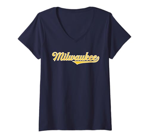 Damen Cool Retro Milwaukee 1970er Jahre Wordmark Script T-Shirt mit V-Ausschnitt von Tout Wear Milwaukee