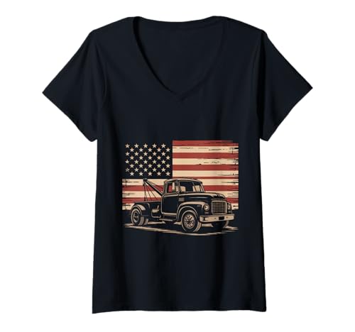Damen Abschleppwagen USA Flagge Amerika Patriotisch T-Shirt mit V-Ausschnitt von Tow Truck Driver Wrecker Breakdown Truck