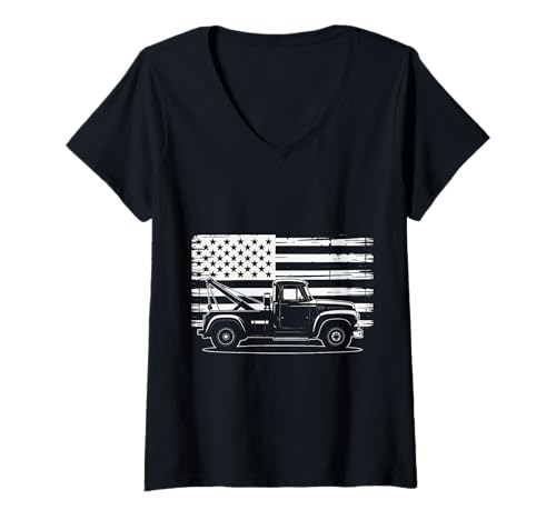 Damen Abschleppwagen USA Flagge Amerika Patriotisch T-Shirt mit V-Ausschnitt Damen Abschleppwagen USA Flagge Amerika Patriotisch T-Shirt mit V-Ausschnitt von Tow Truck Driver Wrecker Breakdown Truck