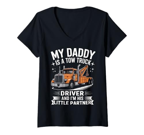 Damen Mein Papa ist Abschleppwagenfahrer und ich Bin Sein Kleiner Partner T-Shirt mit V-Ausschnitt von Tow Truck Driver Wrecker Breakdown Truck