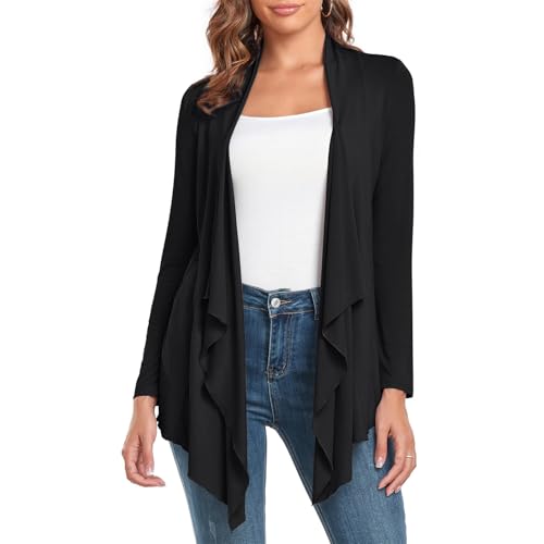 TownCat Damen Strickjacke Elegante Leichte Dünn Belüftung Lang Lässig Cardigan High Low Saum Drapieren Knittern Saum Unten Weich Langärmelig Schwarz M von TownCat