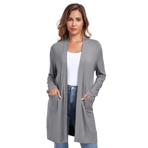 TownCat Damen Strickjacke Lang Mit Taschen Langarm Offener Strickmantel Cardigan Damen Lang Elegant Dünn Kultivieren Lässig Leichte Belüftung Dunkelgrau S von TownCat