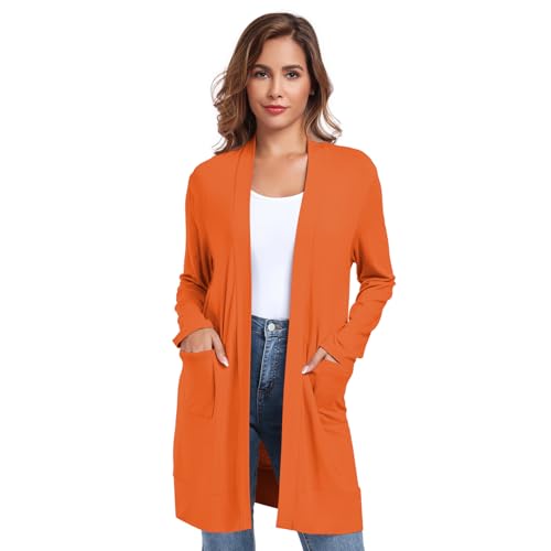 TownCat Damen Strickjacke Lang Mit Taschen Langarm Offener Strickmantel Cardigan Damen Lang Elegant Dünn Kultivieren Lässig Leichte Belüftung Orange M von TownCat