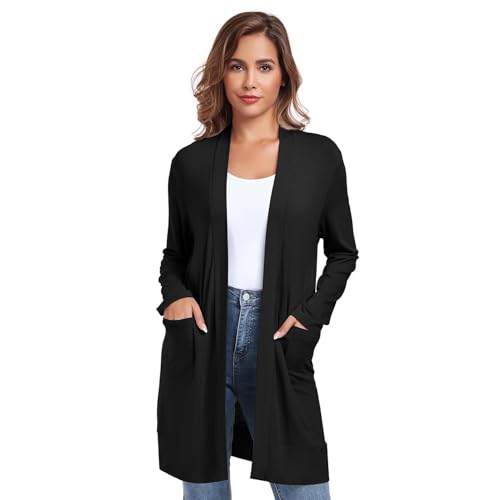 TownCat Damen Strickjacke Lang Mit Taschen Langarm Offener Strickmantel Cardigan Damen Lang Elegant Dünn Kultivieren Lässig Leichte Belüftung Schwarz XL von TownCat