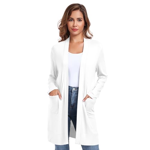 TownCat Damen Strickjacke Lang Mit Taschen Langarm Offener Strickmantel Cardigan Damen Lang Elegant Dünn Kultivieren Lässig Leichte Belüftung Weiß XXL von TownCat