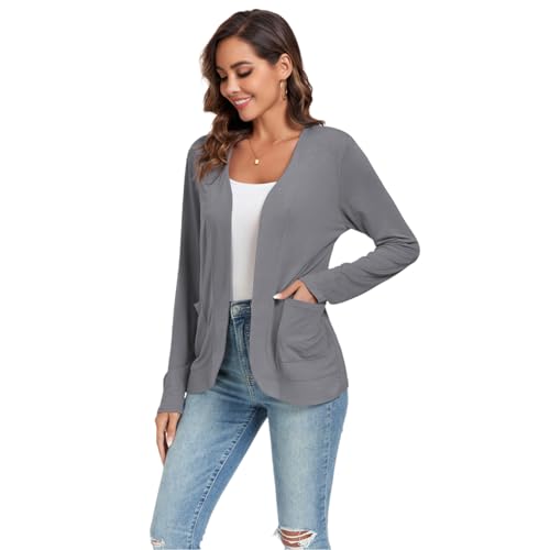 TownCat Strickjacke Damen Dünne Casual Langarm Elegant Cardigan Mit Taschen Leicht Gemütlich Offene Vorderseite Ärmel Draussen Atmungsaktiv Jacken Dunkelgrau XL von TownCat