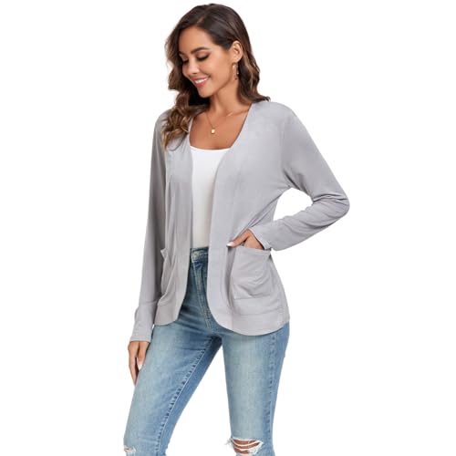 TownCat Strickjacke Damen Dünne Casual Langarm Elegant Cardigan Mit Taschen Leicht Gemütlich Offene Vorderseite Ärmel Draussen Atmungsaktiv Jacken Hellgrau S von TownCat