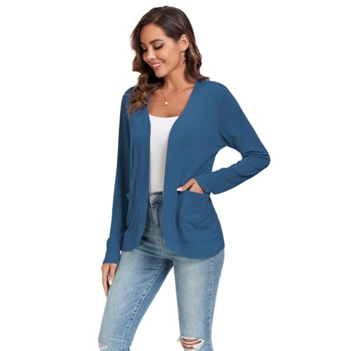 TownCat Strickjacke Damen Dünne Casual Langarm Elegant Cardigan Mit Taschen Leicht Gemütlich Offene Vorderseite Ärmel Draussen Atmungsaktiv Jacken Marine S von TownCat