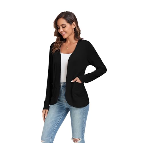 TownCat Strickjacke Damen Dünne Casual Langarm Elegant Cardigan Mit Taschen Leicht Gemütlich Offene Vorderseite Ärmel Draussen Atmungsaktiv Jacken Schwarz M von TownCat