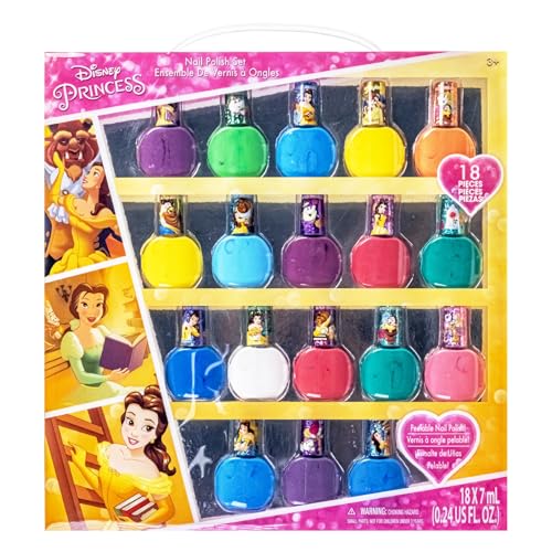 18-teiliges Set mit Nagellack für Kinder, wasserbasiert, schnell trocknend und abziehbar, perfekt für Partys und Pyjamapartys, für Kinder ab 3 Jahren, von Townley Girl (Disney Princess Round bottle) von Townley Girl