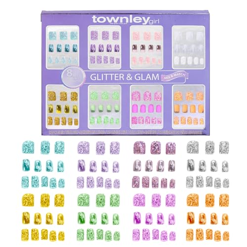 Townley Girl 96 PC Press-On Nails Set, Glitzer und Glamour, 8 verschiedene Mix-and-Match-Sets, selbstklebende Kunstnägel für Erwachsene von Townley Girl