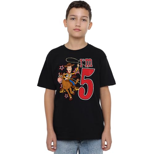 Disney Boy's Toy Story Birthday Woody I'm 5 Unisex Kids T-Shirt, Black, 5-6 Jahre Disney Boy's Toy Story Birthday Woody I'm 5 Unisex Kids T-Shirt, Black, 5-6 Jahre von Toy Story