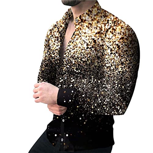 ToySdeal Gestreiftes Hemd Herren Kurzarm Freizeithemd Sommer Casual Regular Fit Rüschen (Langärmeliges Hemd B4-Gold,L) von ToySdeal