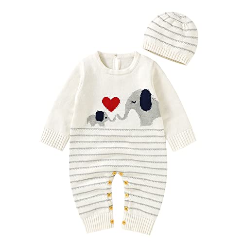 TIREOW Neugeborene Mädchen Jungen 0-18 Monate Elefant Baumwolle Strickpullover Strampler Winter Frühling Langarm Overall Outfit mit Strickmütze (White, 0-3 Months) von Toysmith