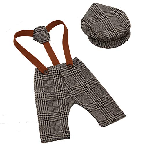 Baby Fotografie Outfits Plaid Hosenträger Hosen Und Peaked Cap Set Neugeborenen Kostüm Anzug für Mädchen Jungen Foto Requisiten Babyparty Geschenk von Toyvian