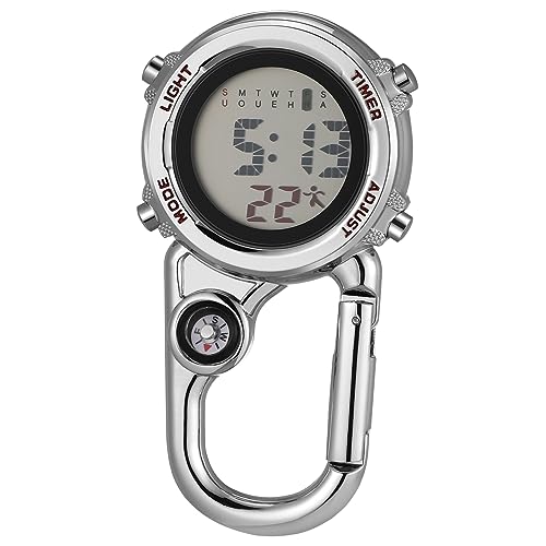 Toyvian Kleiner Karabineruhr Multifunktionale Hängeuhr für Outdoor Aktivitäten Analog Quarzwerk mit Gürtelclip Silberne Taschenuhr für Männer und Frauen von Toyvian