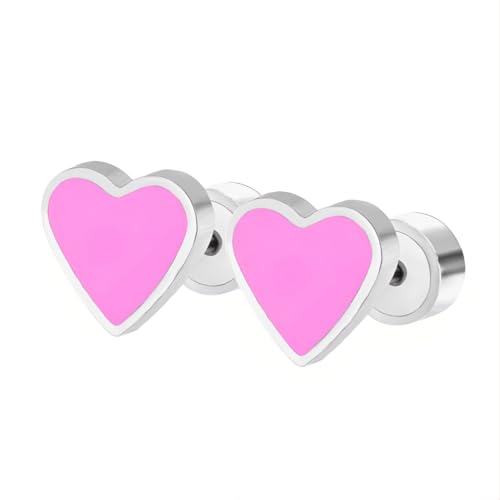 1 Paar Rosa Herz Ohrstecker Edelstahl Hypoallergene Ohrringe Piercing Ohr Ohrpiercing Nickelfreie Schmuck Press Back Earrings für Damen Frauen 8 MM (Silber Farbe) von Tpocean