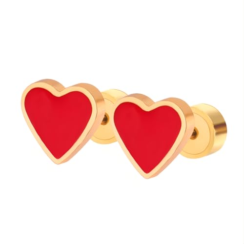 1 Paar Rot Herz Ohrstecker Edelstahl Hypoallergene Ohrringe Piercing Ohr Ohrpiercing Nickelfreie Schmuck Press Back Earrings für Damen Frauen 8 MM (Gold Farbe) von Tpocean