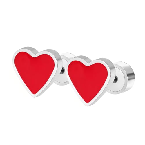 1 Paar Rot Herz Ohrstecker Edelstahl Hypoallergene Ohrringe Piercing Ohr Ohrpiercing Nickelfreie Schmuck Press Back Earrings für Damen Frauen 8 MM (Silber Farbe) von Tpocean