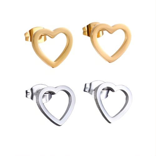2 Paar Hohles Herz Ohrstecker Set Hypoallergene Edelstahl Ohrpiercing Ohrringe Piercing Ohr Nickelfreie Schmuck Hollow Heart Trendy Earrings Studs für Frauen Damen (Silber/Gold) von Tpocean