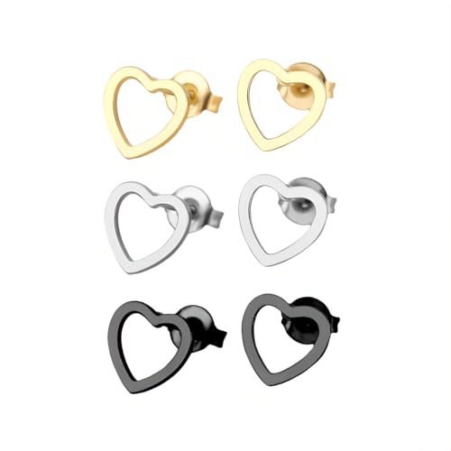 3 Paar Hohles Herz Ohrstecker Set Hypoallergene Titanstahl Ohrringe Piercing Ohr Ohrpiercing Nickelfreie Schmuck Hollow Heart Studs Earrings für Frauen Damen Size 8 MM (Silber/Schwarz/Gold) von Tpocean