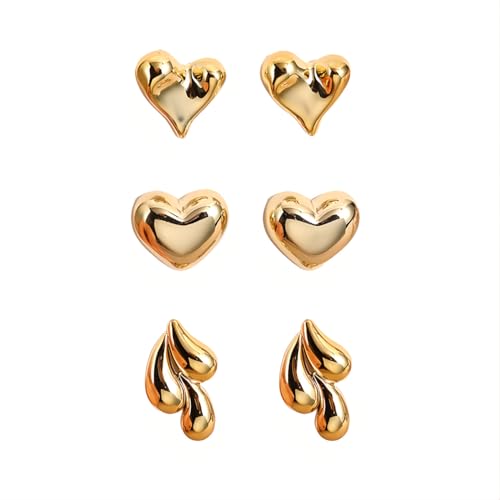 3 Paar Tropfenförmig Ohrstecker Set Hypoallergene Acryl Herz Ohrringe Piercing Ohr Ohrpiercing Nickelfreie Schmuck Fashion Heart Stud Earrings für Damen Frauen (Gold Farbe) von Tpocean