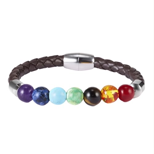 Tpocean 1 stk Chakra Armband Echte Steine Edelstein Heilsteine Armband Regenbogen Bunte Armbänder Chakra Steine Bracelet für Damen Herren (Braun Leder) von Tpocean