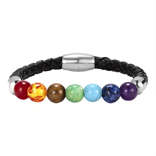 Tpocean 1 stk Chakra Armband Echte Steine Edelstein Heilsteine Armband Regenbogen Bunte Armbänder Chakra Steine Bracelet für Damen Herren (Schwarz Leder) von Tpocean