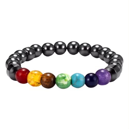 Tpocean 1 stk Chakra Armband Echte Steine Edelstein Heilsteine Armband Regenbogen Bunte Armbänder Hämatit Chakra Steine Bracelet für Damen Herren (Schwarz Farbe) von Tpocean