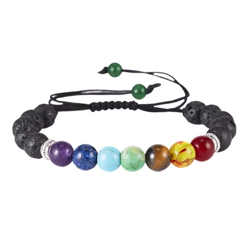 Tpocean 1 stk Chakra Armband Echte Steine Edelstein Heilsteine Armband Regenbogen Bunte Armbänder Lavastein Chakra Steine Bracelet für Damen Herren (Schwarz Farbe) von Tpocean