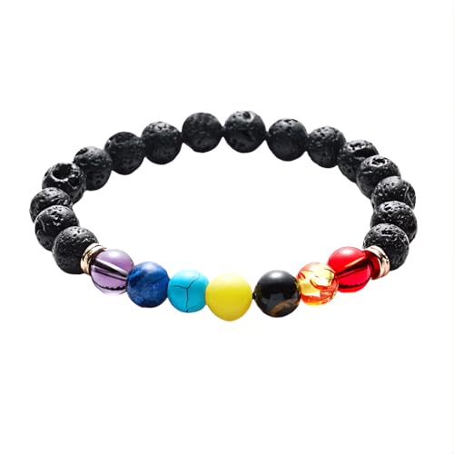 Tpocean 1 stk Chakra Armband Echte Steine Heilsteine Edelstein Armband Regenbogen Bunte Armbänder Lavastein Chakra Steine Bracelet für Damen Herren (Schwarz Farbe) von Tpocean