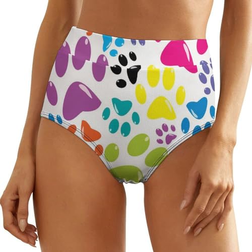 Tqmspg Damen-Slip, hohe Taille, Unterwäsche, Höschen, buntes Pfotenmuster, 2 Stück, multi, XXL von Tqmspg
