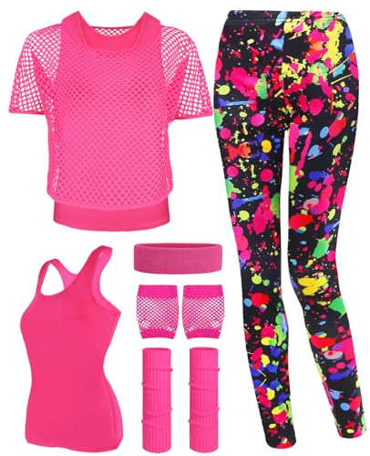 TraLxwee 80er 90er Jahre Outfit Damen, Netzshirt Damen, Tank top, Artistic Leggings, Beinwärmer, Netzhandschuhe, Stirnband, 80er Jahre Kostüm Damen Neon Party Accessoires von TraLxwee