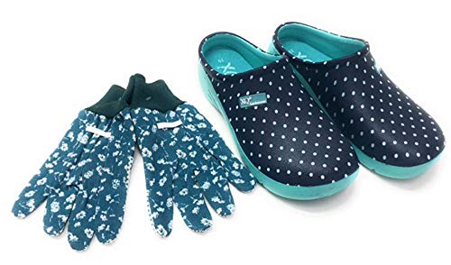 Trachten-Dirndl-More Damen Clogs & Pantoletten mit Gartenhandschuhen Verschiedene Designs Blumen Gemüse Gelb Rot Punkte Uni Blau und Rosa Multi Fuchsia Multi Navy (dunkelblau, Numeric_38) von Trachten-Dirndl-More