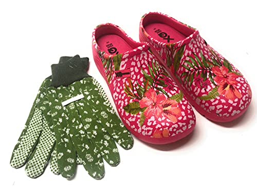 Trachten-Dirndl-More Damen Clogs & Pantoletten mit Gartenhandschuhen Verschiedene Designs Blumen Gemüse Gelb Rot Punkte Uni Blau und Rosa Multi Fuchsia Multi Navy (Fuchsia, Numeric_39) von Trachten-Dirndl-More