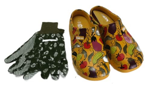 Trachten-Dirndl-More Damen Clogs & Pantoletten mit Gartenhandschuhen Verschiedene Designs Blumen Gemüse Gelb Rot Punkte Uni Blau und Rosa Multi Fuchsia Multi Navy (Gemüse Multi, Numeric_39) von Trachten-Dirndl-More