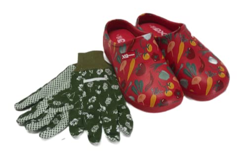 Trachten-Dirndl-More Damen Clogs & Pantoletten mit Gartenhandschuhen Verschiedene Designs Blumen Gemüse Gelb Rot Punkte Uni Blau und Rosa Multi Fuchsia Multi Navy (Rot, Numeric_38) von Trachten-Dirndl-More