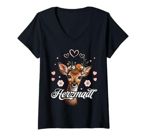 Damen Herzmadl REH Blütenkranz Trachten Damen Oktoberfest T-Shirt mit V-Ausschnitt von Trachten Herzmadl Oktoberfest
