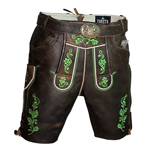 Trachten Lederhose Oktoberfest Lederhosen Herren kurz Lederhose aus 100% Wildbockleder Antike Braun Lederhose mit Gürtel Gr. 46-64 (as3, Numeric, Numeric_64, Regular, Short) von Trachten Lord