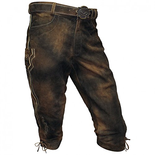 Lederhose Kniebundhose Leder braun Antik-Patina Trachtenlederhose Herren Zipp Knickerbocker Reißverschluss Wildbockleder Trachten Kniebund Wandern Hose mit Gürtel, auch für Damen, Größe:58 von Trachten Mayr