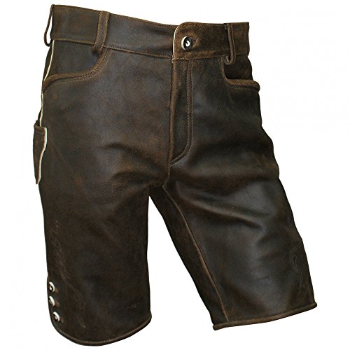 Lederhose kurz braun speckig Antik-Patina Trachten Leder Hose Trachtenlederhose Reißverschluß Zipp Hornknöpfe weiches Wildbockleder Herren (auch Damen) Freizeit und Wandern, Größe:44 von Trachten Mayr