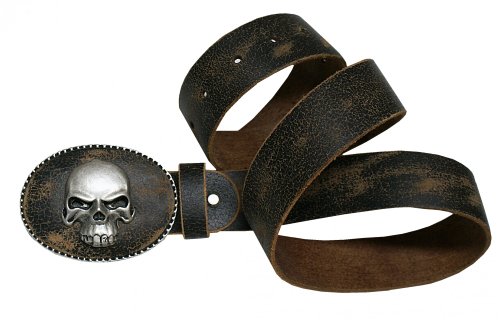 Gürtel Trachtengürtel Trachten-Lederhose Jeans Biker Ledergürtel Leder braun Antik-Patina Leder Damen Herren Schnalle echt versilbert Totenkopf Skull, Größe/Länge:100 von Trachten Mayr