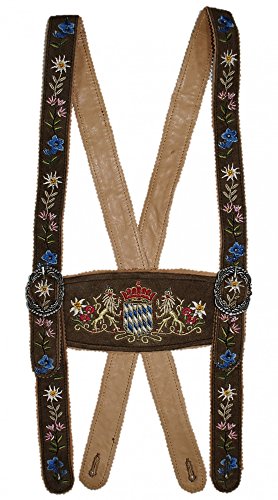 Hosenträger Bayernträger Lederhose Werdenfelser-Träger bestickt echt Leder Bayern-Wappen Edelweiß erstklassiges Wildbockleder braun dunkelbraun schwarz Lederhosenträger, Größe:S, Farbe:dunkelbraun von Trachten Mayr