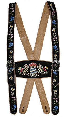 Hosenträger Bayernträger Lederhose Werdenfelser-Träger bestickt echt Leder Bayern-Wappen Edelweiß erstklassiges Wildbockleder braun dunkelbraun schwarz Lederhosenträger, Größe:XL, Farbe:schwarz von Trachten Mayr