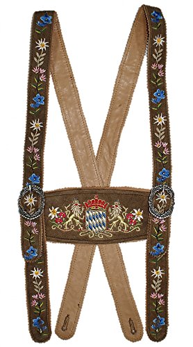 Hosenträger Bayernträger Lederhose Werdenfelser-Träger bestickt echt Leder Bayern-Wappen Edelweiß erstklassiges Wildbockleder braun dunkelbraun schwarz Lederhosenträger, Größe:S, Farbe:hellbraun von Trachten Mayr