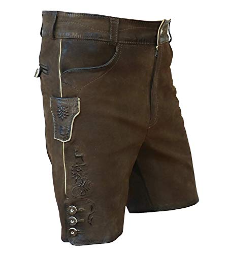 Lederhose kurz braun speckig Antik-Patina Trachten Leder Hose Trachtenlederhose Reißverschluß Zipp Hornknöpfe Robustes Büffelleder Herren (auch Damen) Freizeit und Wandern, Größe:44 von Trachten Mayr