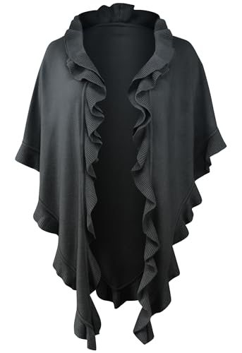 Poncho Cape Trachtentuch Umhang Stola Schultertuch Trachten-Tuch Damen Strickponcho Tracht Strick Trachtenponcho gestrickt Überwurf Volants Rüschen Schal Cashmink, Farbe:dunkelgrau von Trachten Mayr