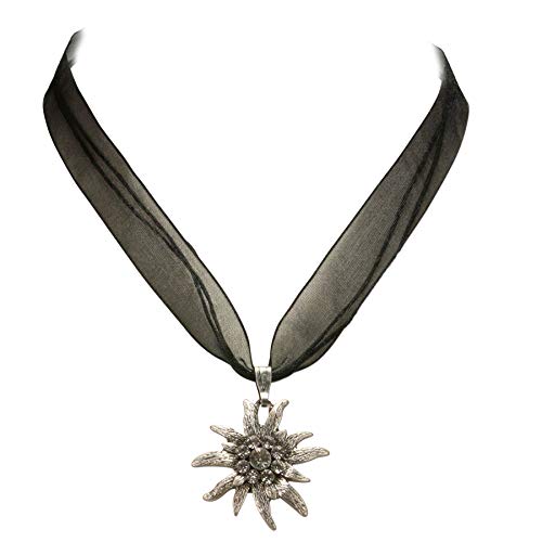 Heimatflüstern Trachtenkette Organzaband mit Strass-Edelweiß - Damen Dirndlkette, Organzakette Edelweiss für Trachtenbluse und Lederhose, Dirndl-Schmuck Kristallstein fürs Oktoberfest (schwarz) von Heimatflüstern
