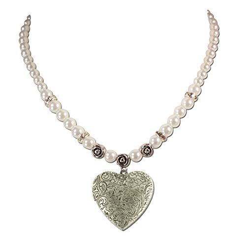 Trachtenkette Perlen & Amulettherz - Damen Perlenkette mit Strass, Dirndlkette Trachtenherz Amulett zum Öffnen für Trachtenbluse, Trachtenschmuck fürs Oktoberfest Dirndl-Schmuck (creme-weiß) von Heimatflüstern