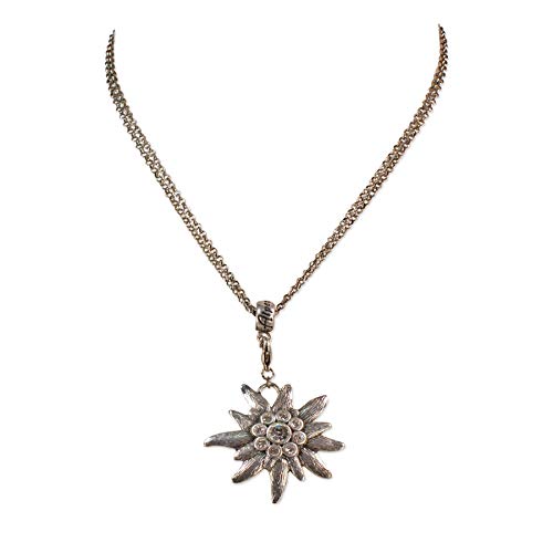 Trachtenkette mit Strass-Edelweiß groß - Damen Dirndlkette mit Kristallstein, Halskette für Trachtenbluse und Lederhose, Dirndl-Schmuck fürs Oktoberfest, Trachtenschmuck (antik-silber-farben) von Heimatflüstern